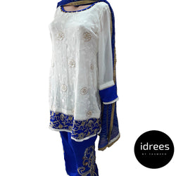 Chiffon White and Blue Shirt with Golden Embroidery, Blue Chunri Dupatta with Dul Silk Blue Trouser