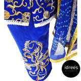 Chiffon White and Blue Shirt with Golden Embroidery, Blue Chunri Dupatta with Dul Silk Blue Trouser