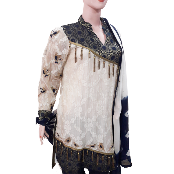 Chiffon Dark Navy Blue and Cream Kurta / Shirt with Golden Long Lace and Embroidery with Black Pent